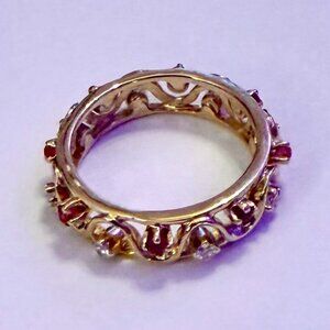 14k Gold Natural Diamond & Ruby Filigree Band Ring, Size 6.5 – Appraised $2,600
